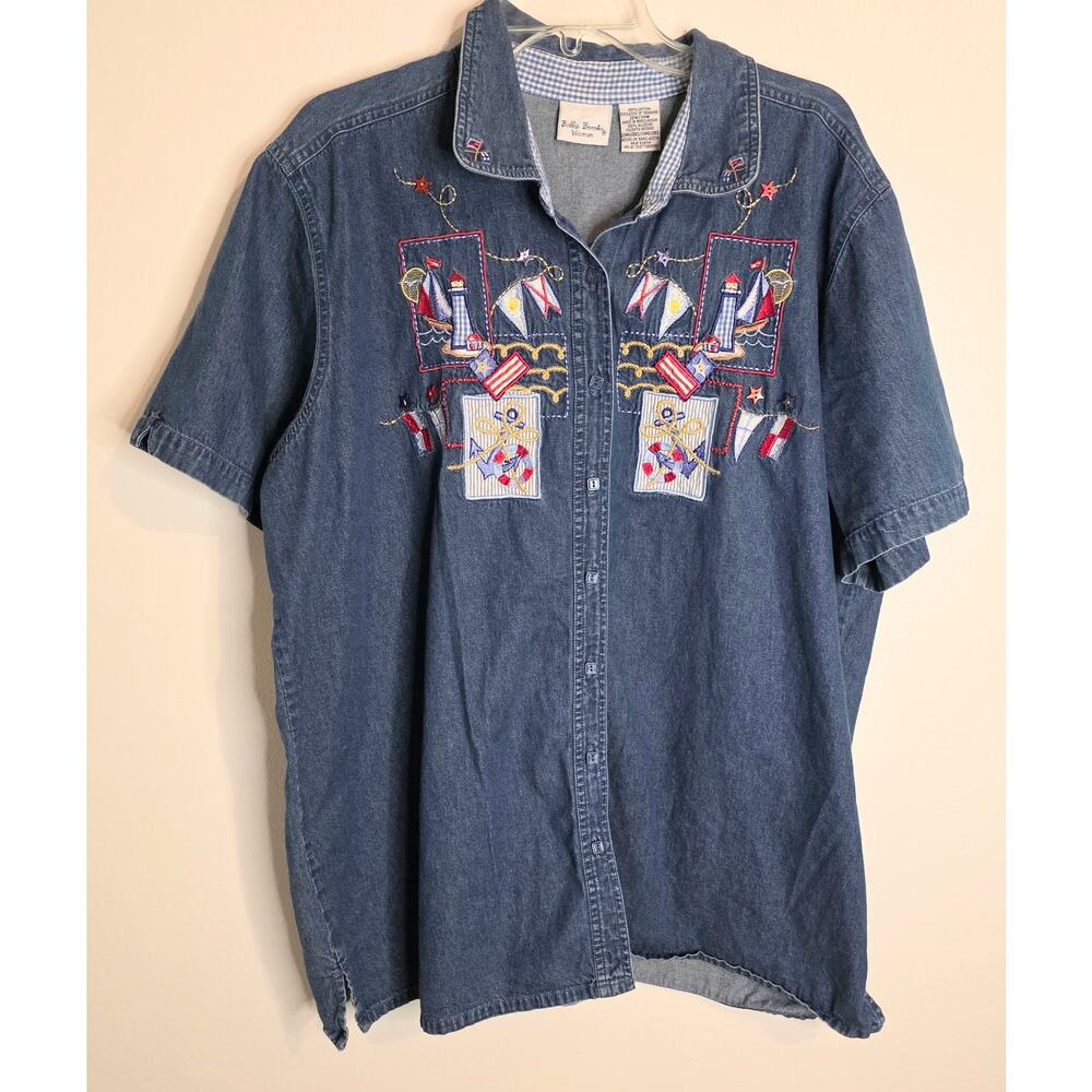 Vtg Bobbie Brooks Short Sleeve Blue Denum Shirt Embroider Americana Women 22/24